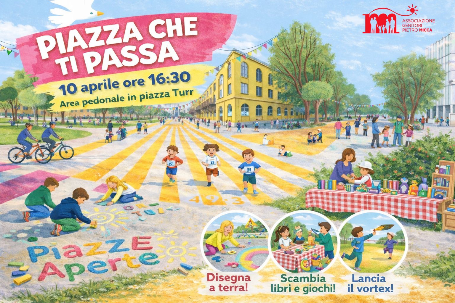 Piazza con la scuola sullo sfondo e i bambini che giovano e disegnano a terra