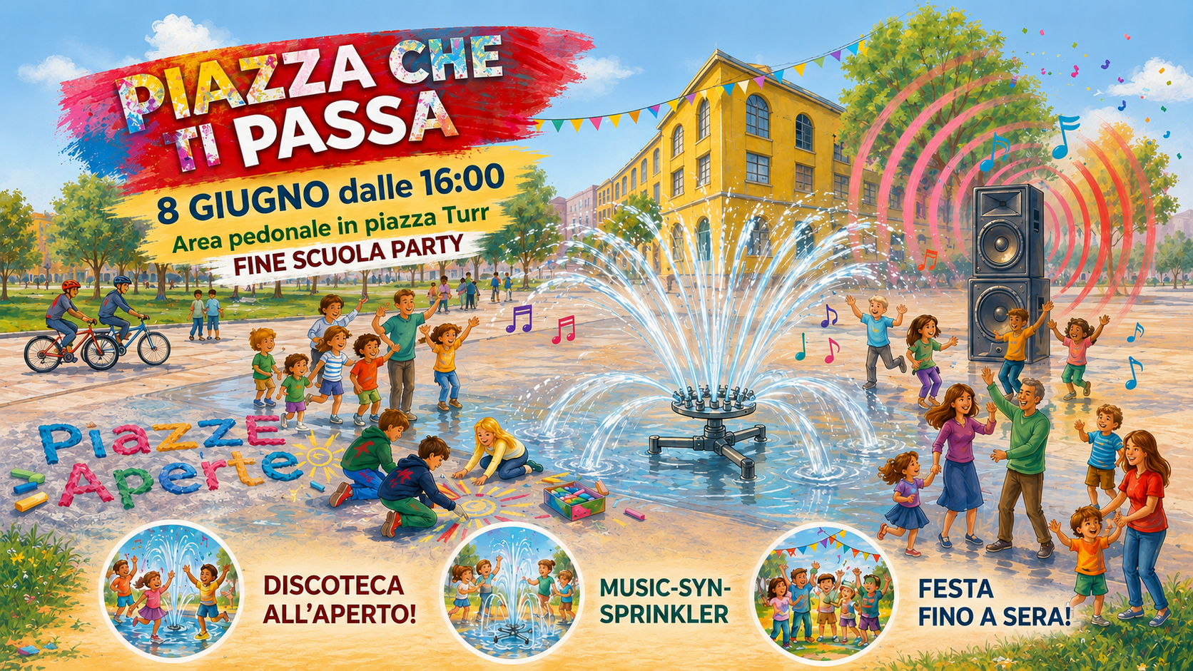 La piazza della scuola con i bambini in festa