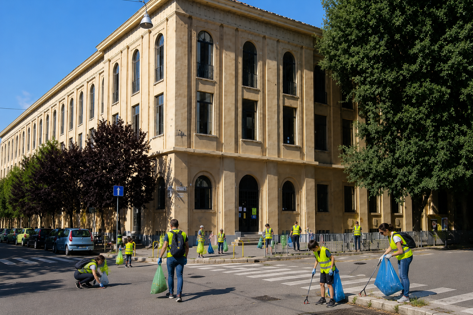 La scuola con tante persone intente a pulirla