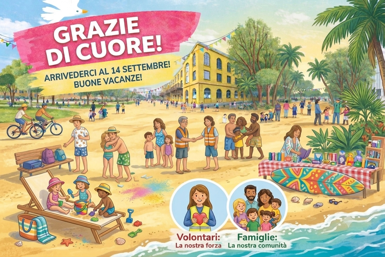 la scuola sullo sfondo e una spiaggia in primo piano con la scritta buone vacanze